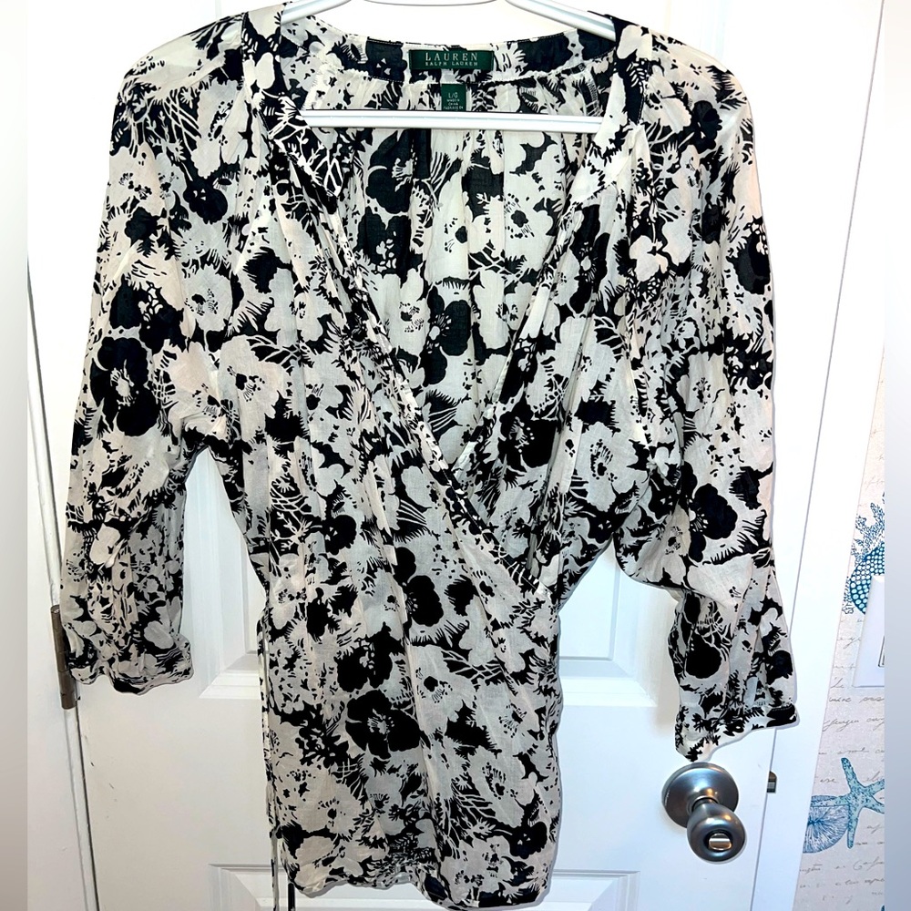 Ralph Lauren Black and White Wrap Blouse 3/4 Sleeve